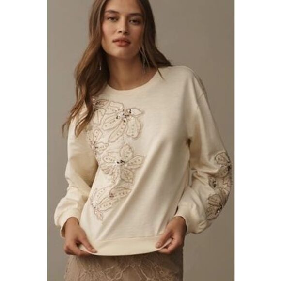 Anthropologie Tops - Anthropologie Beaded Embroidered Sweatshirt